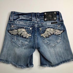 Miss Me Women’s Shorts 25" true size Distressed Jeweled With Angel wings & Bling